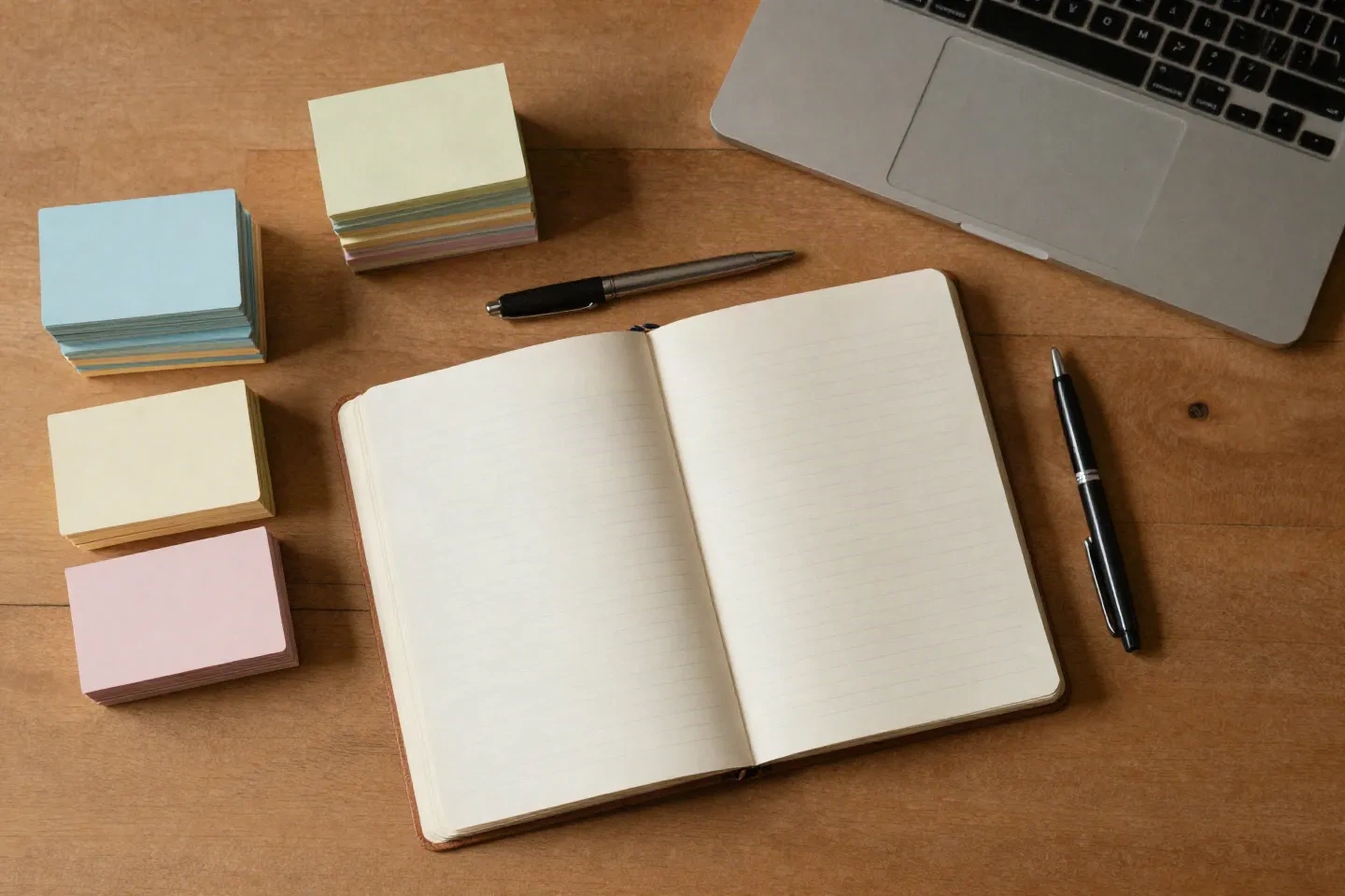 Open notebook and sorted index cards on a wooden desk