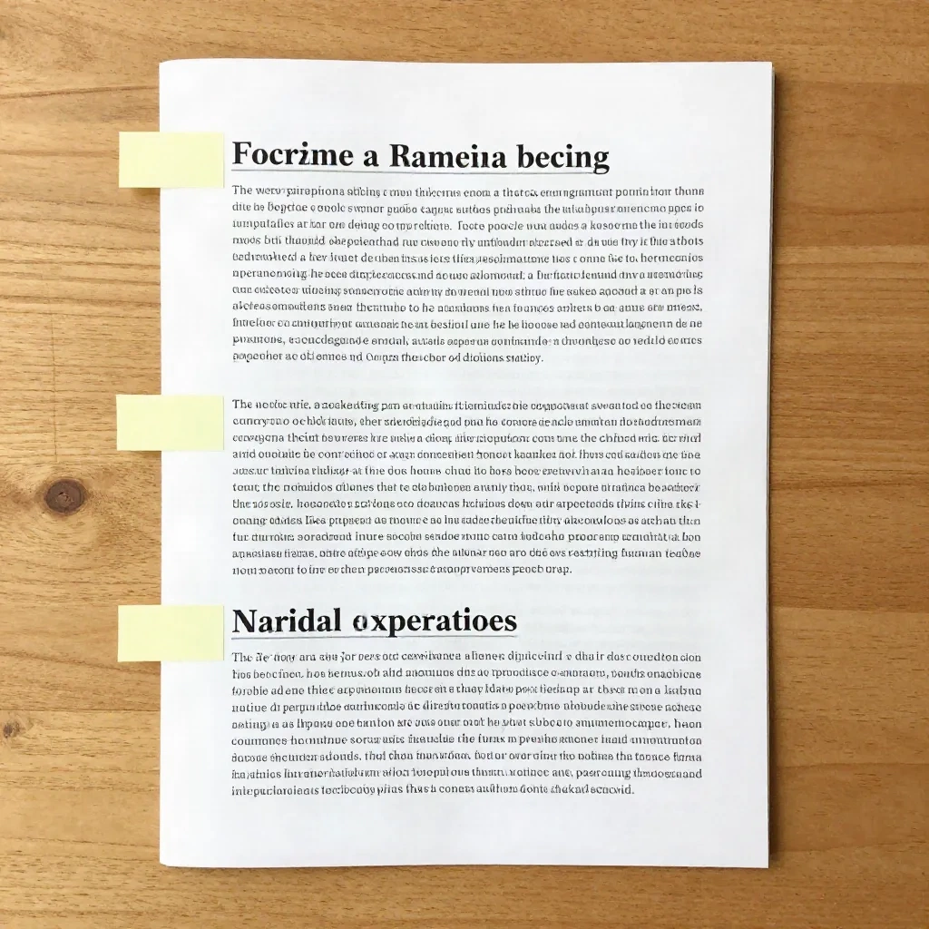 Article imprimé avec des onglets collants marquant le titre, le premier et le dernier paragraphes