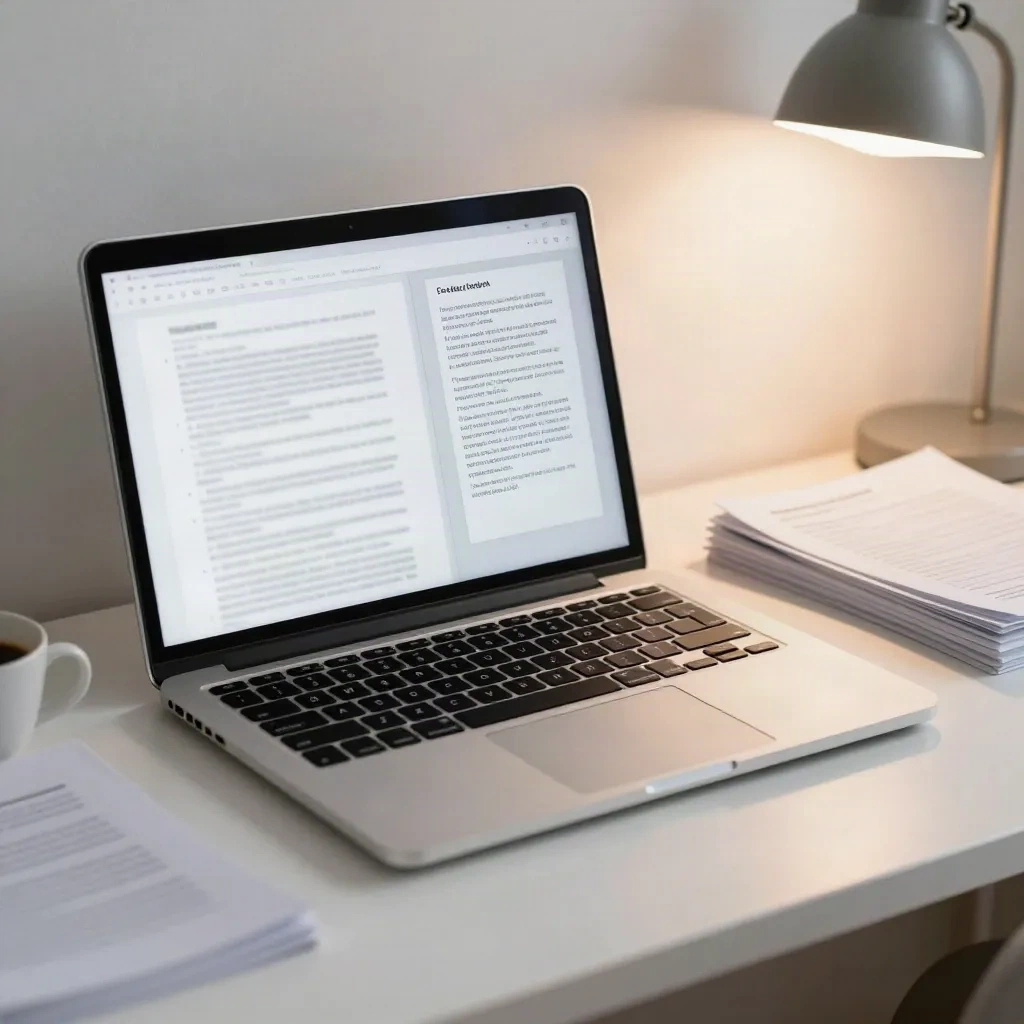 Ordinateur portable affichant un document long à côté d'un court panneau de résumé sur un bureau
