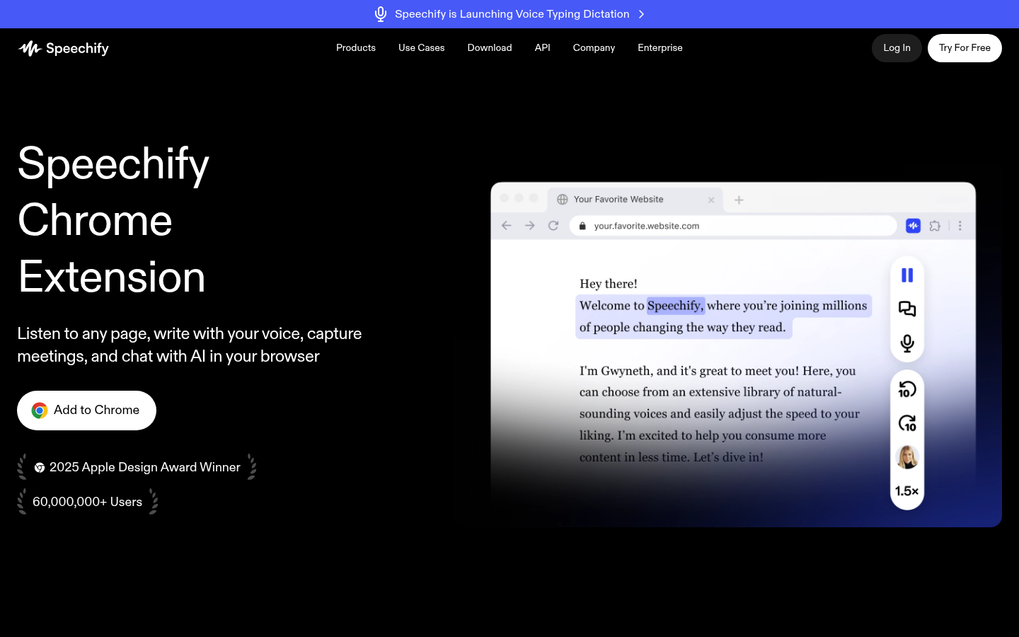 Speechify-Chrome-Erweiterung liest eine Webseite vor, mit Wortmarkierung und Tempo 1.5x