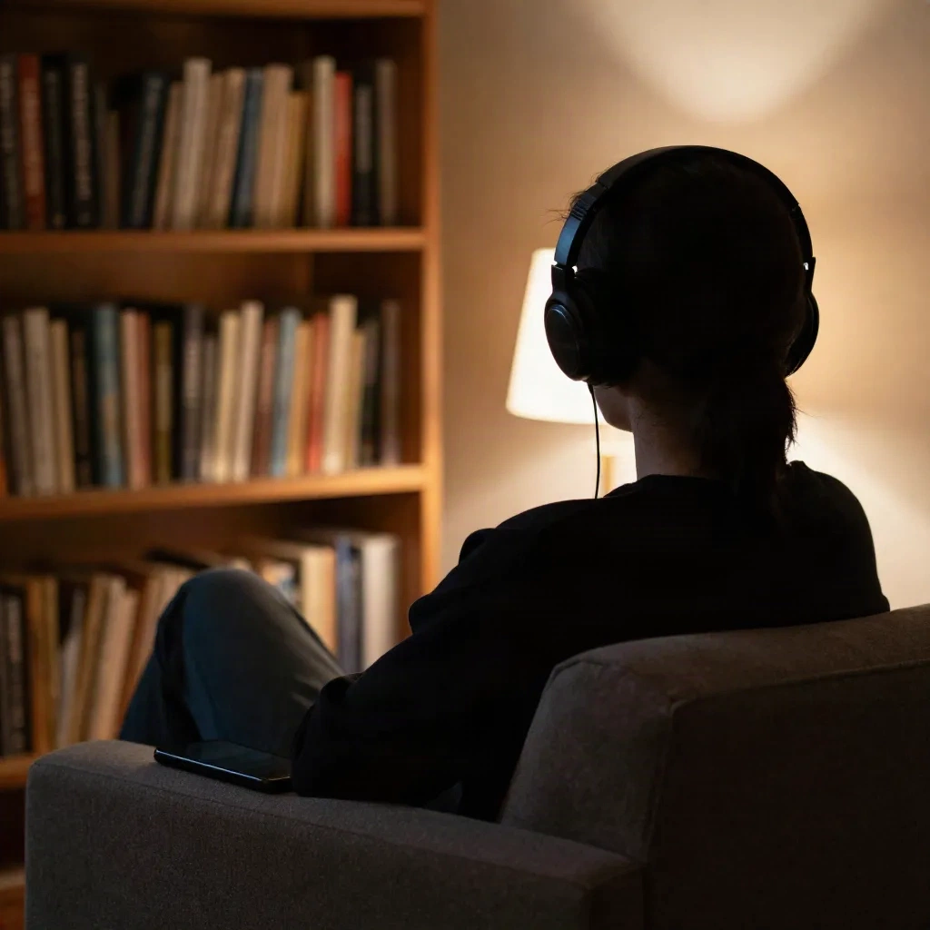 Silhouet van een persoon in een fauteuil met koptelefoon, met een boekenkast op de achtergrond