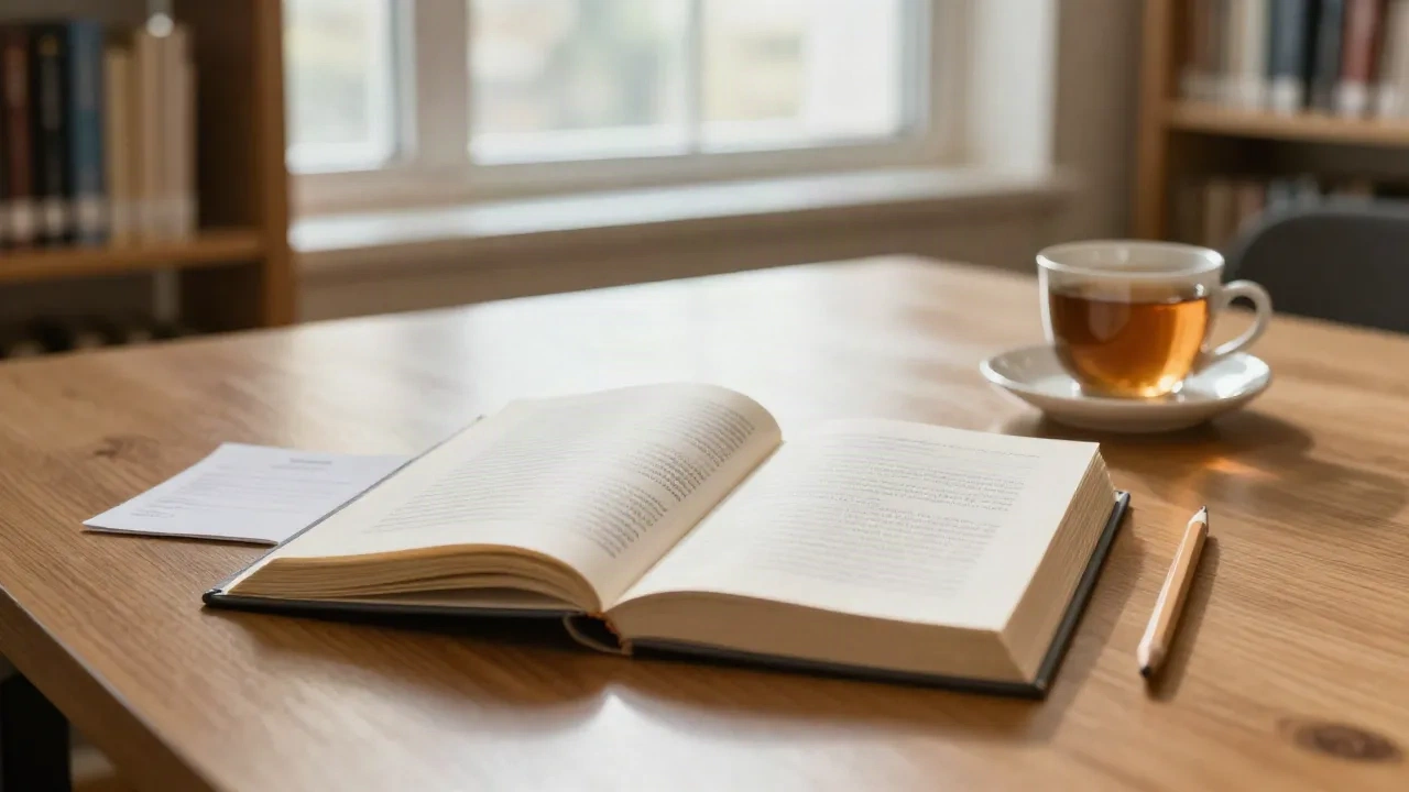 Open book on a library table with an index card, a pencil and a cup of tea in morning light