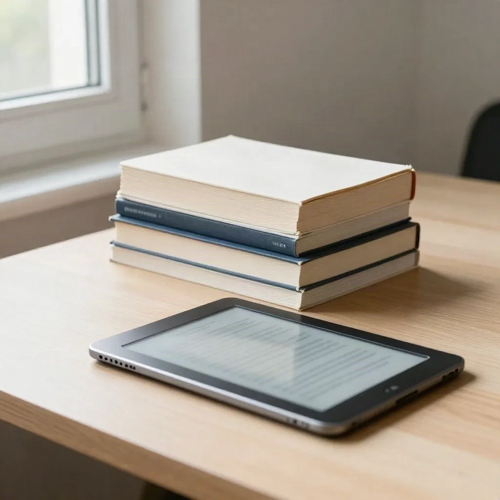 Een stapel boeken en een e-reader op een lichte eikenhouten tafel bij het raam
