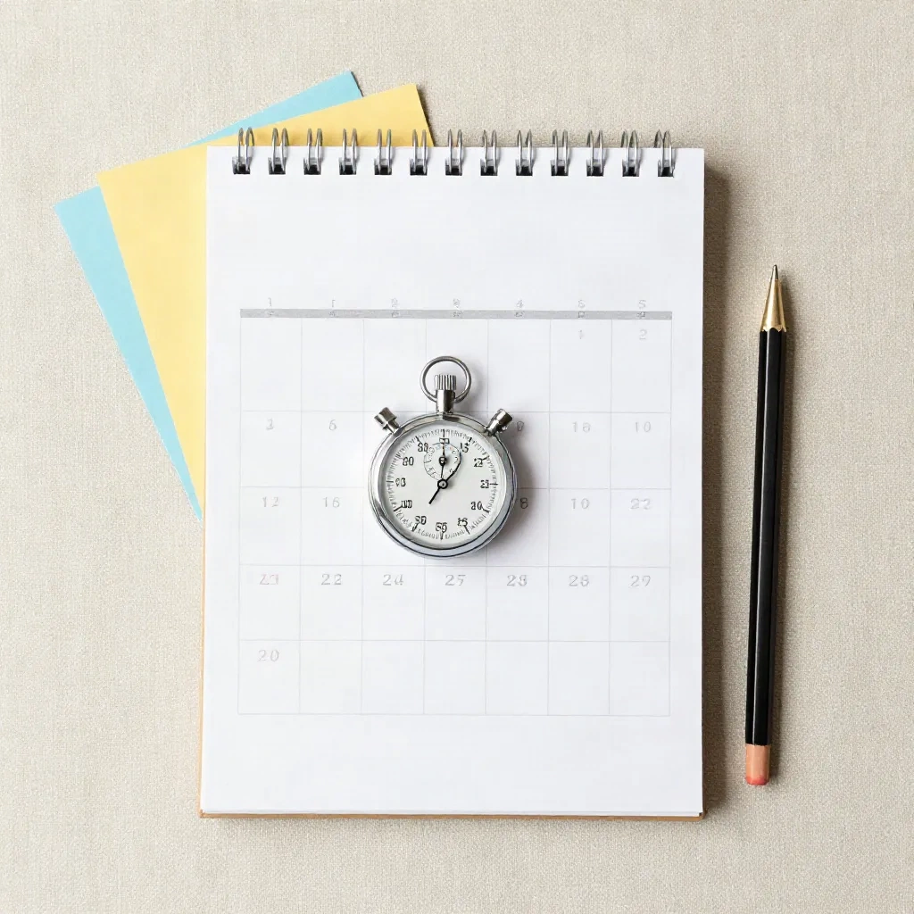 Fiches, chronomètre et calendrier disposés pour chronométrer des tâches répétitives