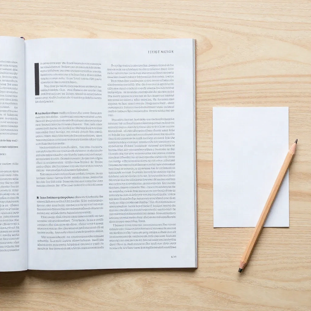 Printed article beside a blank index card and a pencil on a pale oak desk