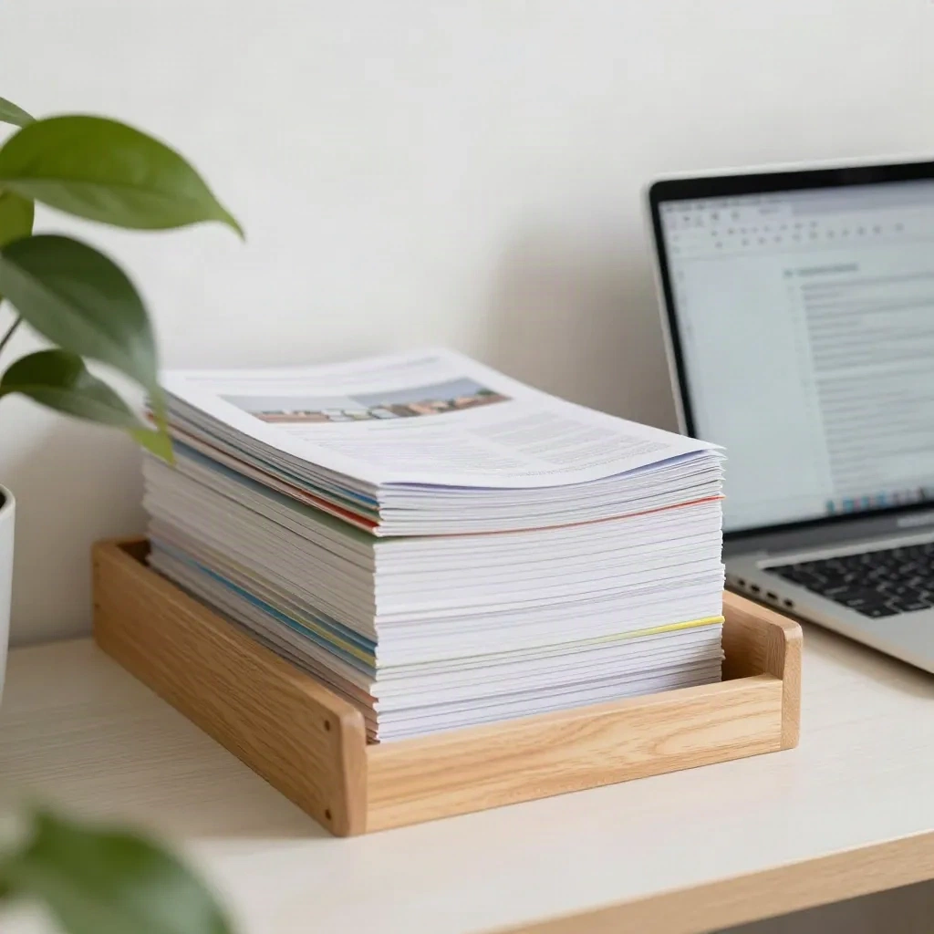 Un plateau bien rangé d'articles enregistrés sur un bureau de lecture calme