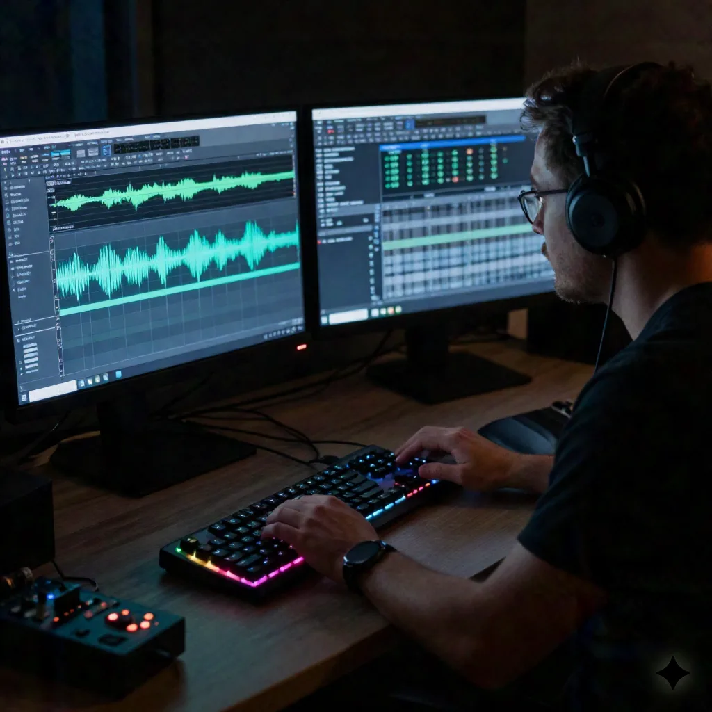 Ljuddesigner vid en dubbel-monitorarbetsstation med ljudvågformer och AI-röstmjukvara