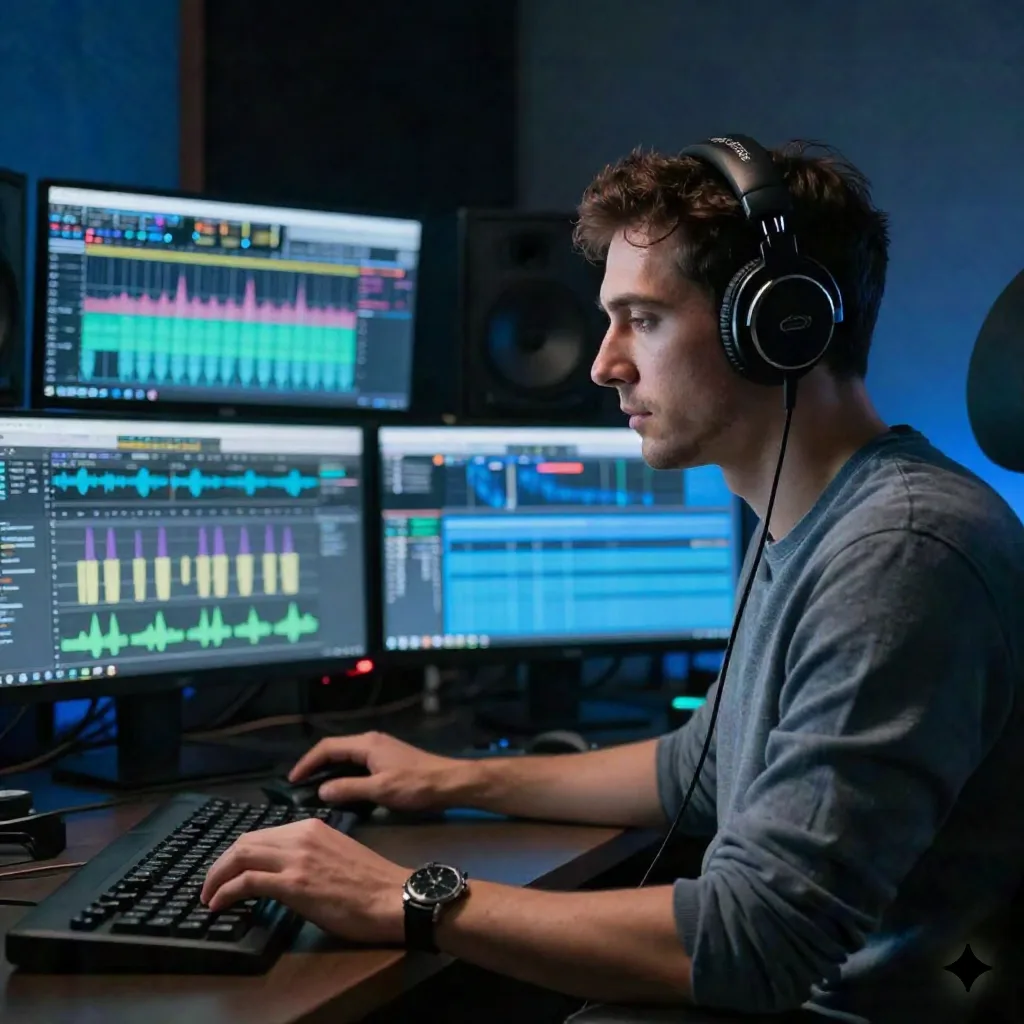 Tonmeister mit Kopfhoerern bei der Arbeit an einem Multi-Monitor-Setup mit Spektralanalysesoftware
