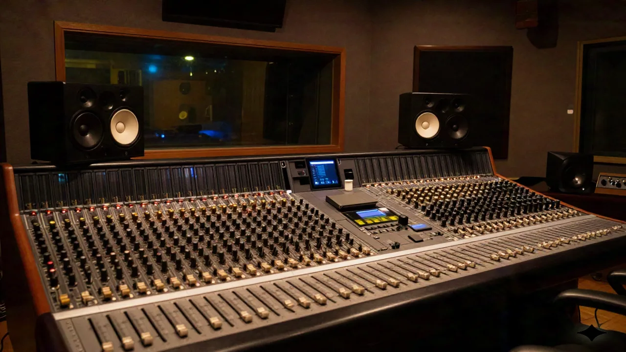 Professional recording studio control room with audio engineer at mixing console