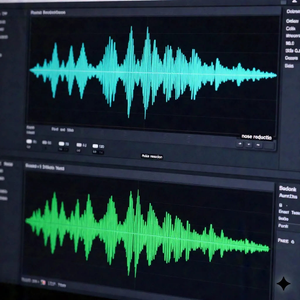 Audiowellenform-Visualisierung von Sprachsignalverarbeitung und Rauschreduzierung auf einem digitalen Workstation-Bildschirm
