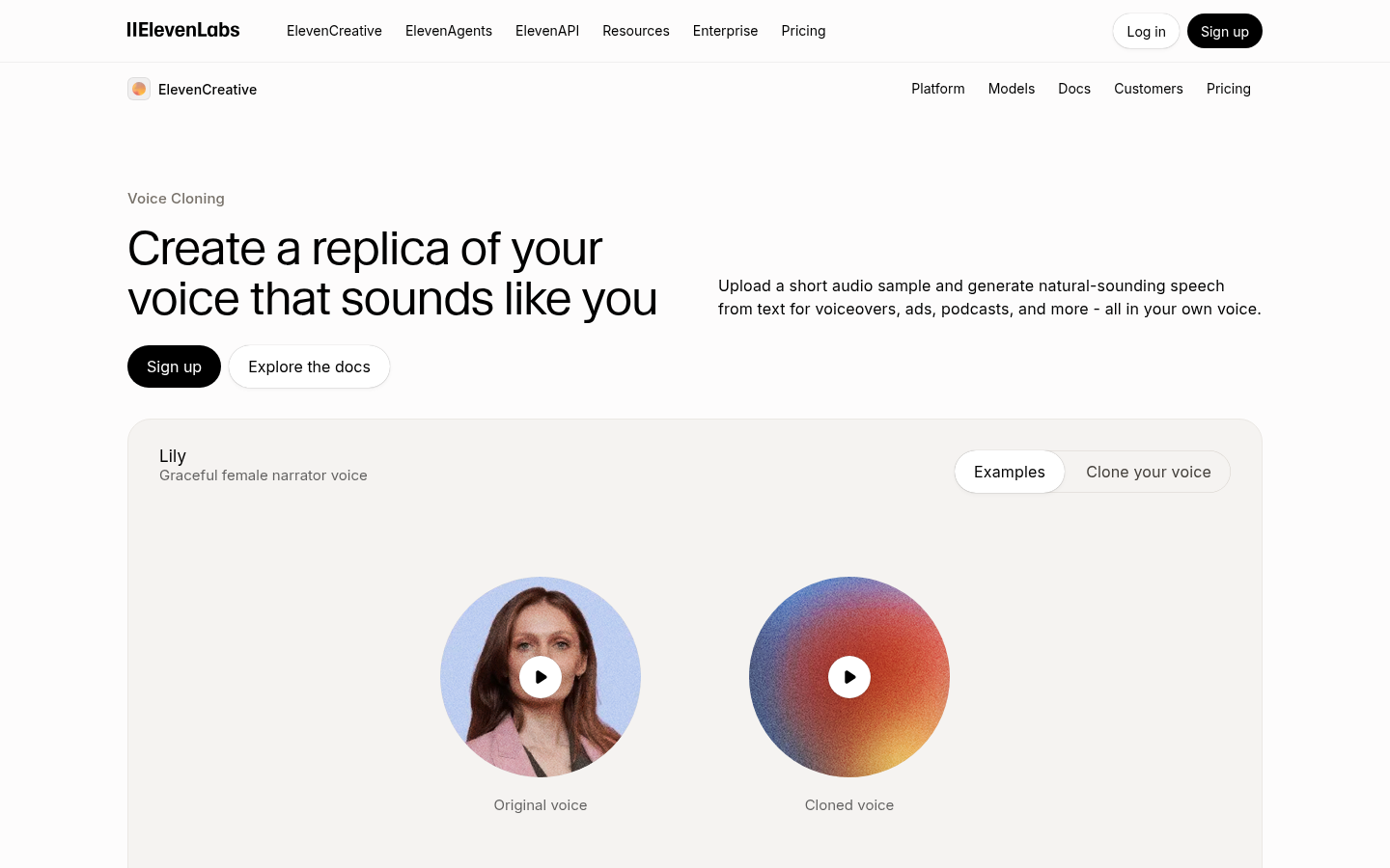 ElevenLabs voice cloning interface showing professional and instant voice clone options