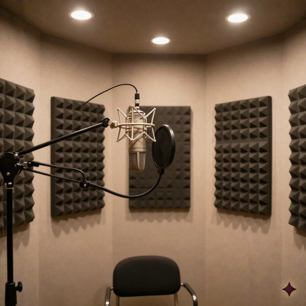 A small audiobook recording booth with a condenser microphone and acoustic foam panels