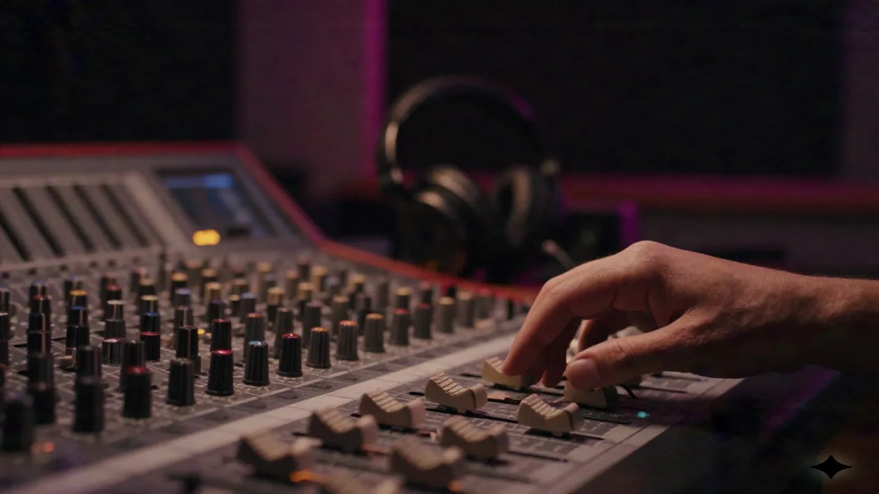 Ingénieur du son réglant les faders d'une console de mixage dans un home studio sombre