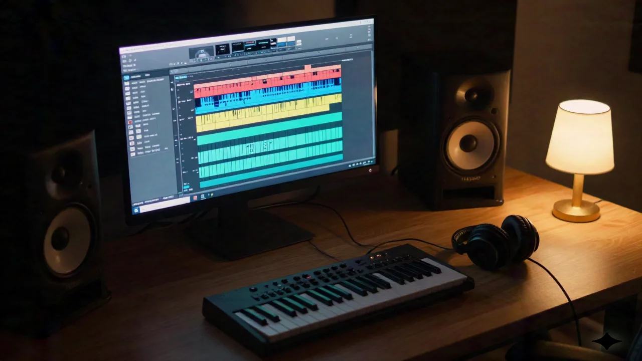 Overhead view of a home audio production studio desk at night with a DAW timeline showing music stems on screen