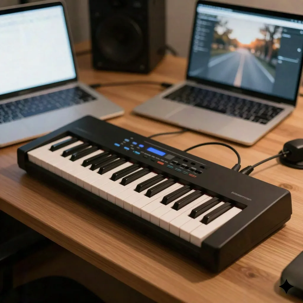A MIDI piano keyboard controller next to a laptop on a studio desk, used for manual piano-roll editing