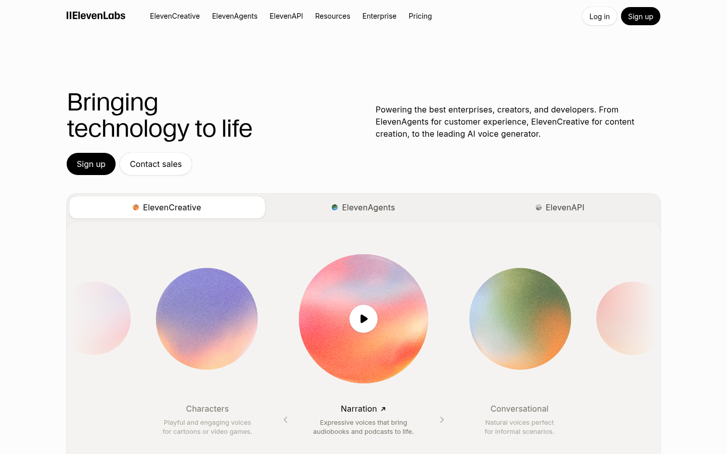 Screenshot beranda ElevenLabs, platform generator suara AI dan voice agent