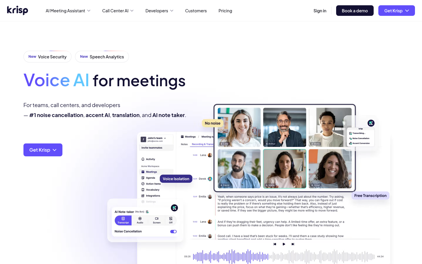 Krisp Homepage showing the Voice AI for Meetings positioning