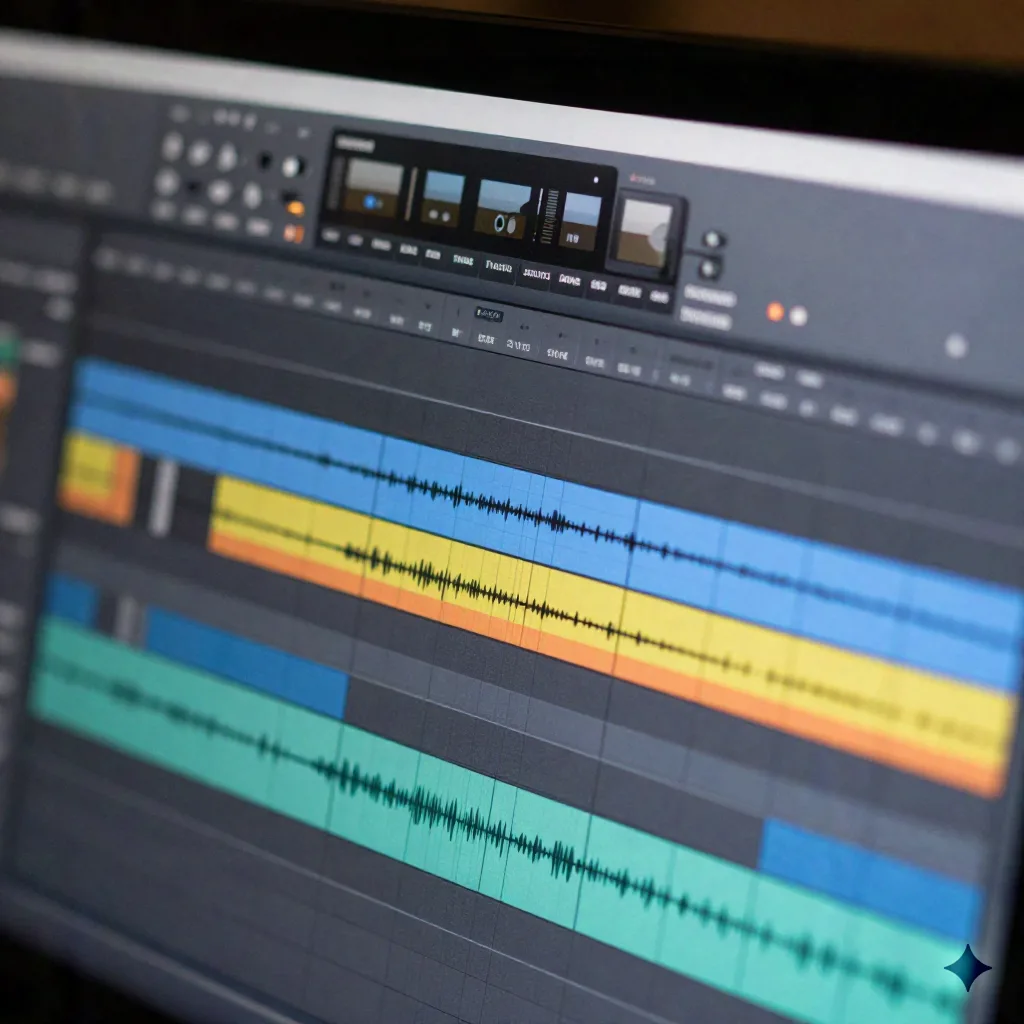 Close-up of a DAW timeline showing separated music stem lanes and a highlighted edit region