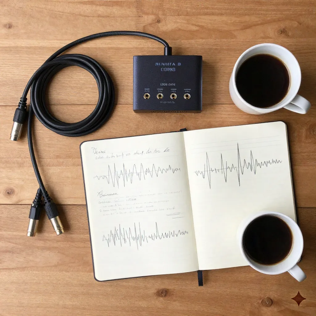 Overhead Flat-Lay von Home-Studio-Aufnahme-Ausrüstung: Interface, Kabel und Notizen : Teil der Kette, die Geräuschunterdrückungs-Modelle verarbeiten