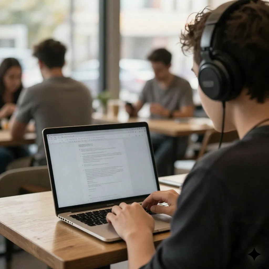 Person in einem Video-Call mit Kopfhörern in einem vollen Café : genau die Art von lärmiger Umgebung, für die KI Geräuschunterdrückung gebaut wurde