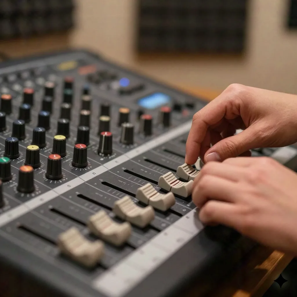 Hands adjusting faders on a hardware mixing console during a gain-staging pass