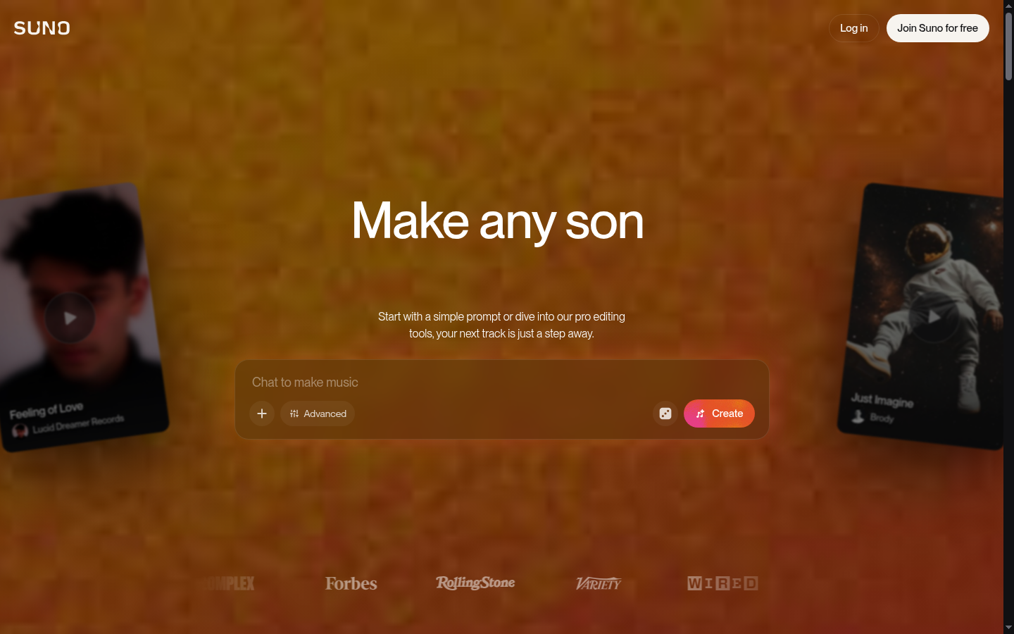 Suno-Homepage-Screenshot, KI Prompt-zu-Song-Musik-Generator