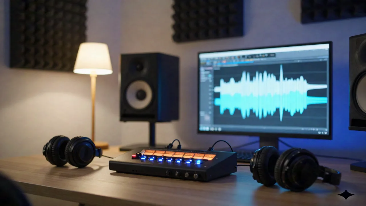 Home audio productie bureau met interface, koptelefoon en golfvormdisplay, de signaalverwerking achter AI-ruisonderdrukking