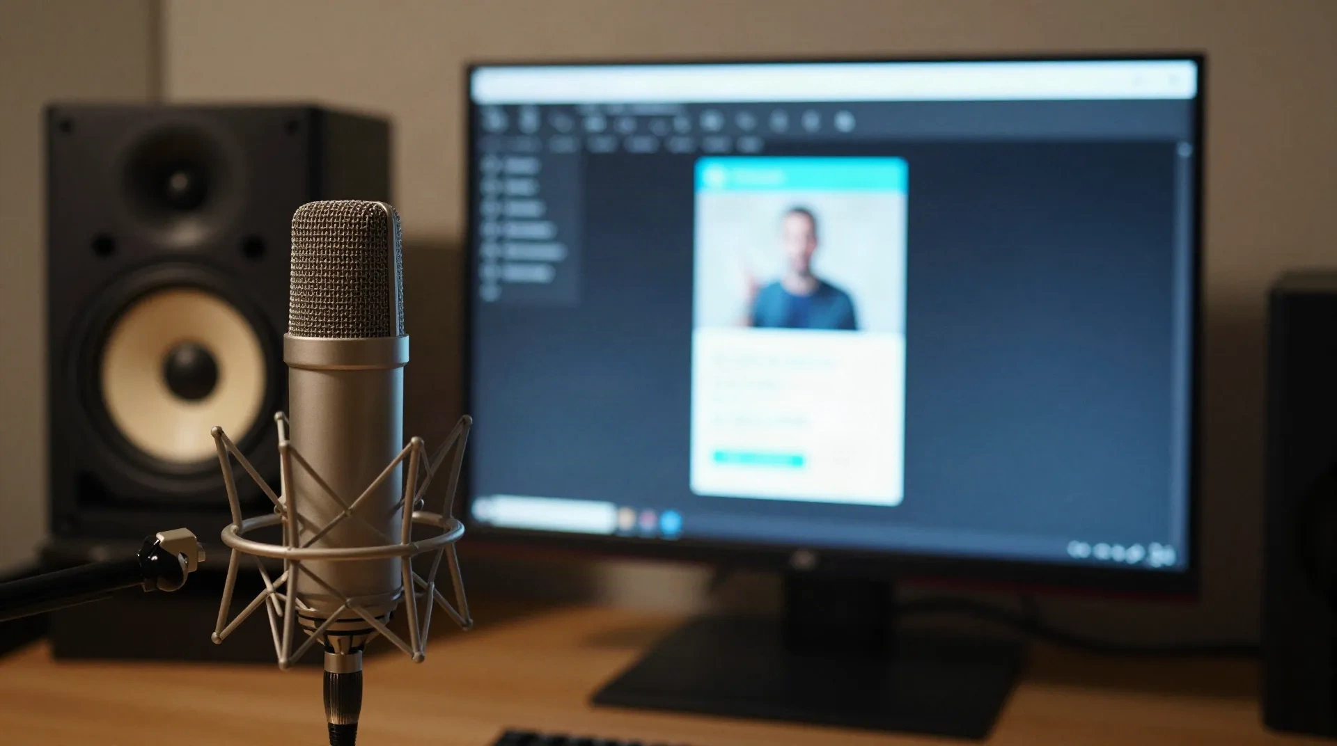 Home audio production studio at night with a microphone and a voice cloning app on screen