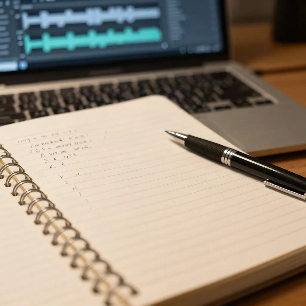 Handwritten notes beside an audio waveform editor, pre-session script analysis workflow
