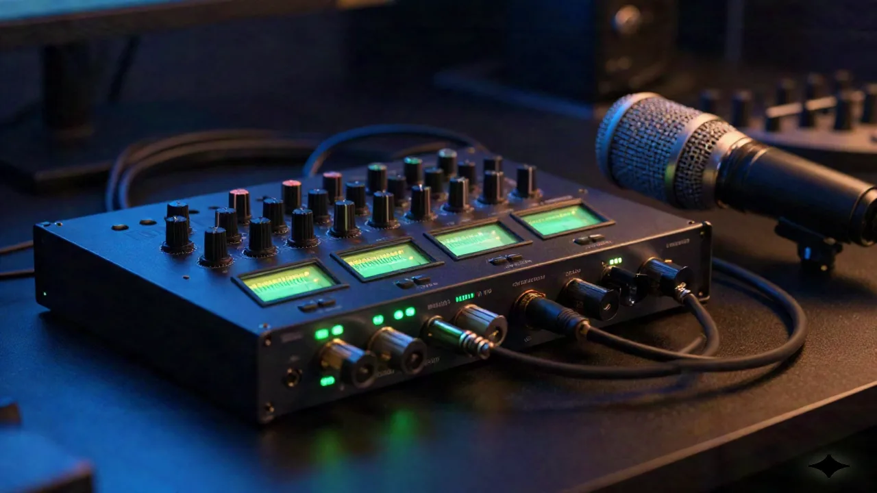 Vocoder-Rack und Mikrofon auf einem Studio-Schreibtisch mit leuchtenden grünen Pegelmessern