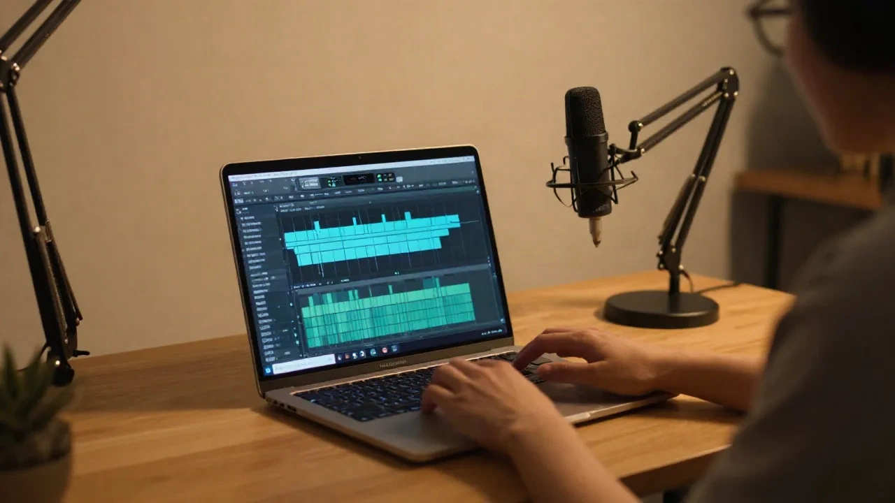 Content creator at a minimal desk with audio waveform editor and USB microphone, warm studio lighting