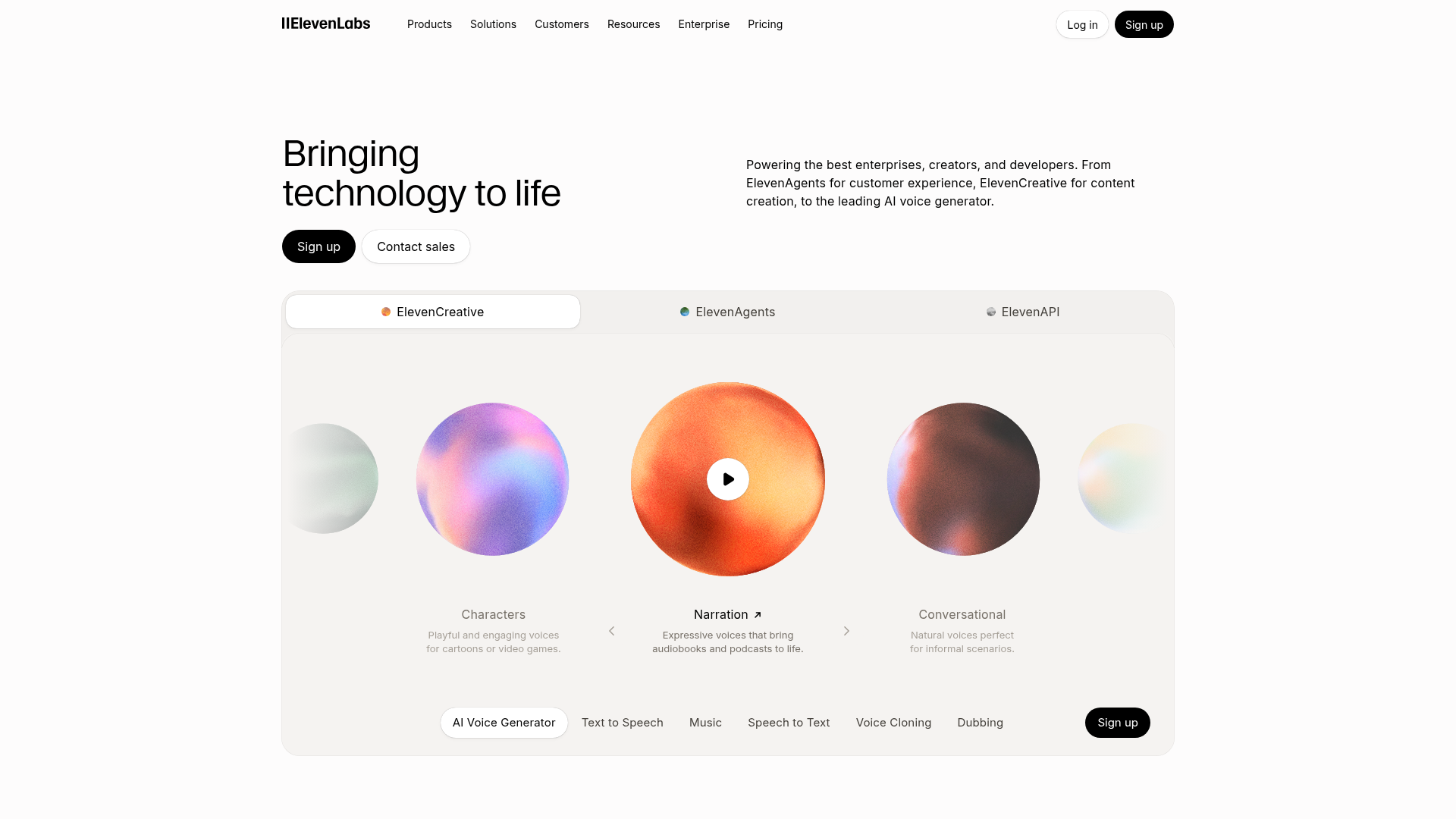 ElevenLabs homepage showing ElevenCreative, ElevenAgents and ElevenAPI product tabs