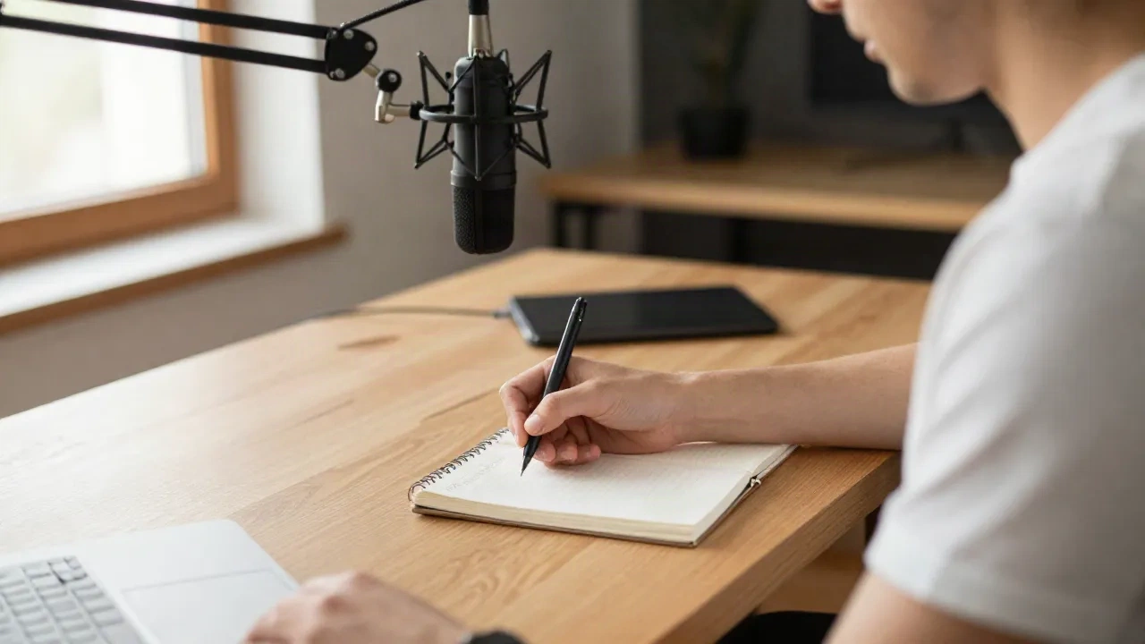 An indie audiobook producer writing pre-session notes in a home studio