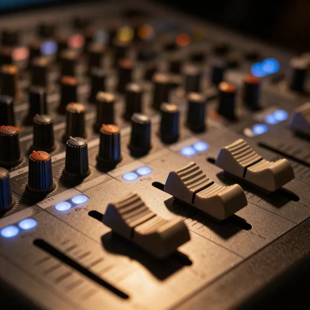 Close-up of a professional studio mixing console with glowing faders
