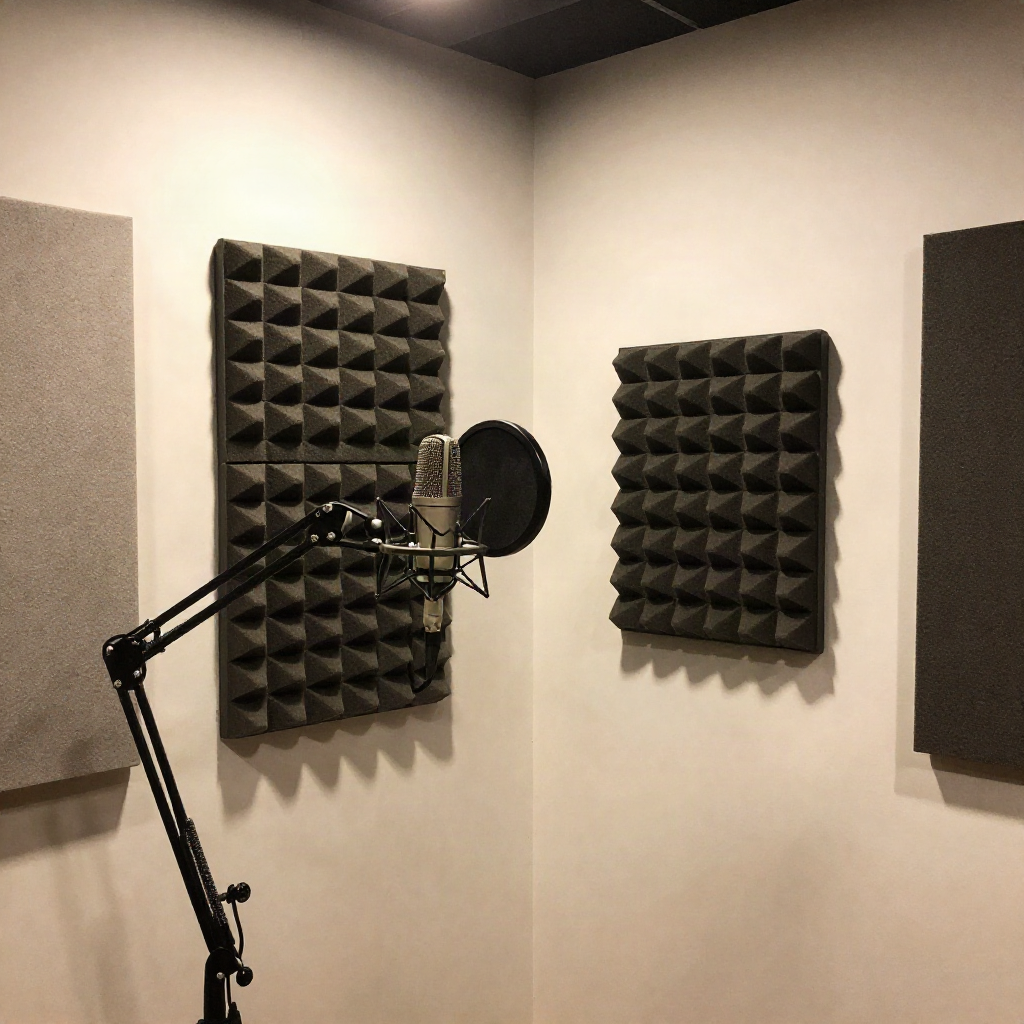 Kleines Home-Studio-Eck mit Akustikschaum-Paneelen, Bass-Trap und Gelenkarm-Mikrofon mit Pop-Filter