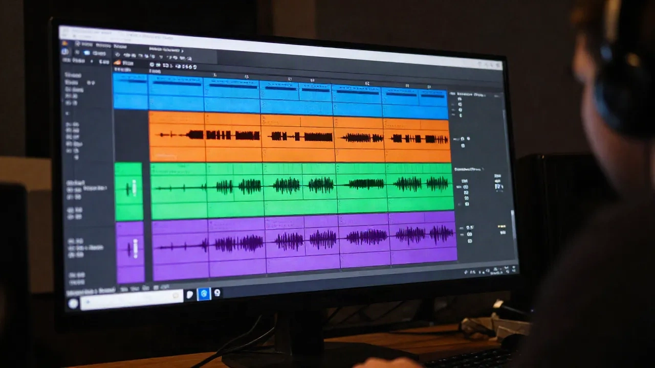 Audio engineer in studio with multiple colored stem tracks on monitor