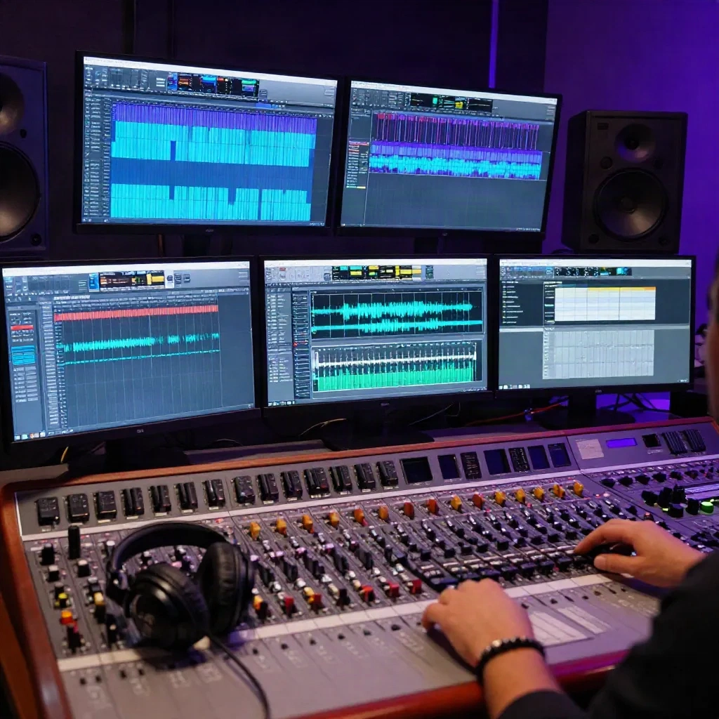 Audio engineer at workstation with DAW showing waveforms for AI voice post-production workflow