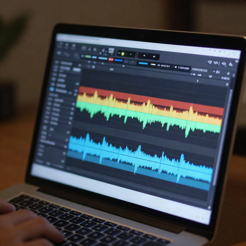 Waveform-Editing-Timeline mit isoliertem rauschigen Bereich auf einem Laptop-Bildschirm
