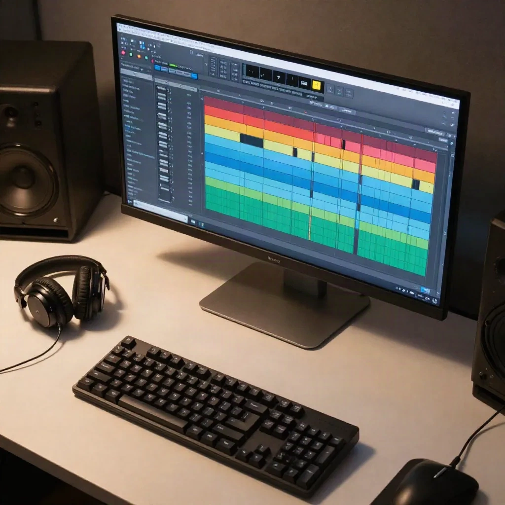Professioneel audioproductiestation met multitrack DAW met kleurgecodeerde stemtracks