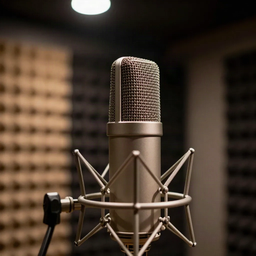 Close-up of professional condenser microphone in treated recording booth for AI voice sample capture