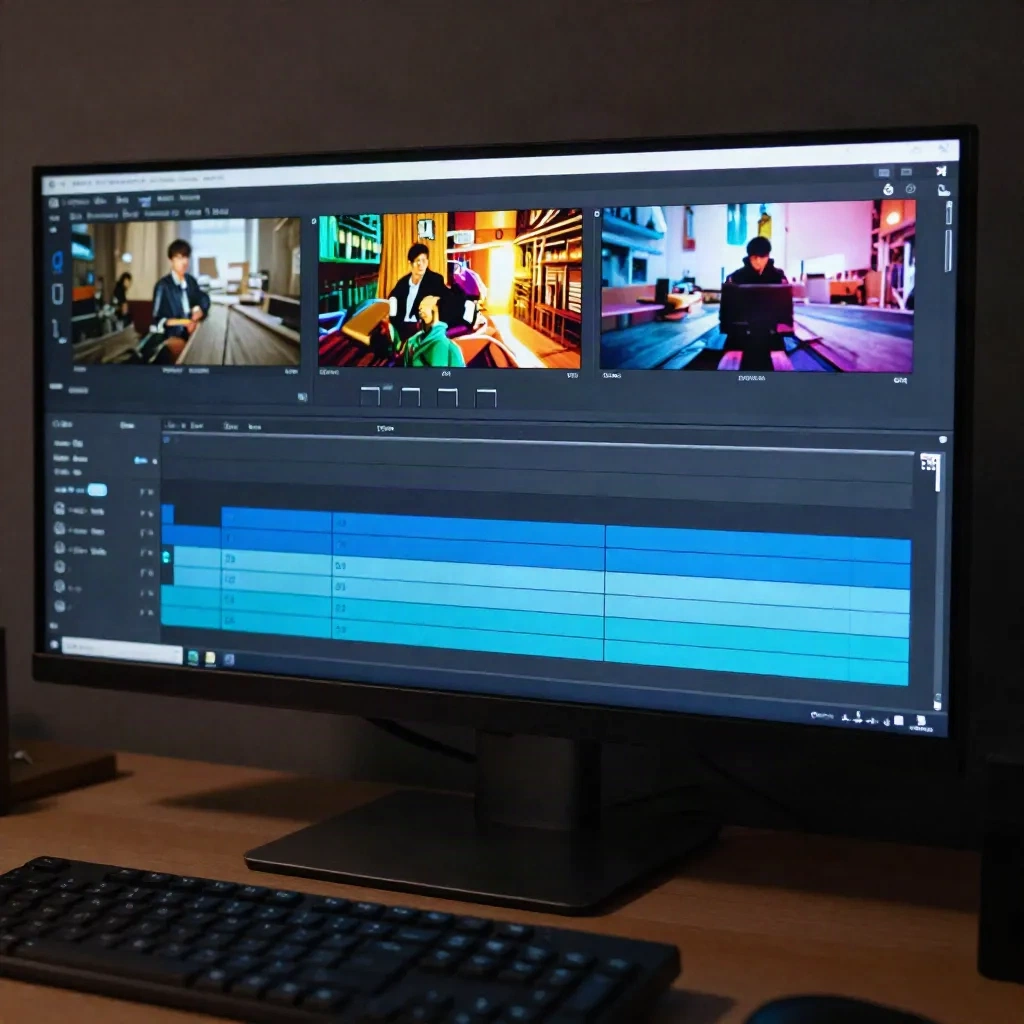 Video editing timeline with multiple audio tracks on a professional editing workstation