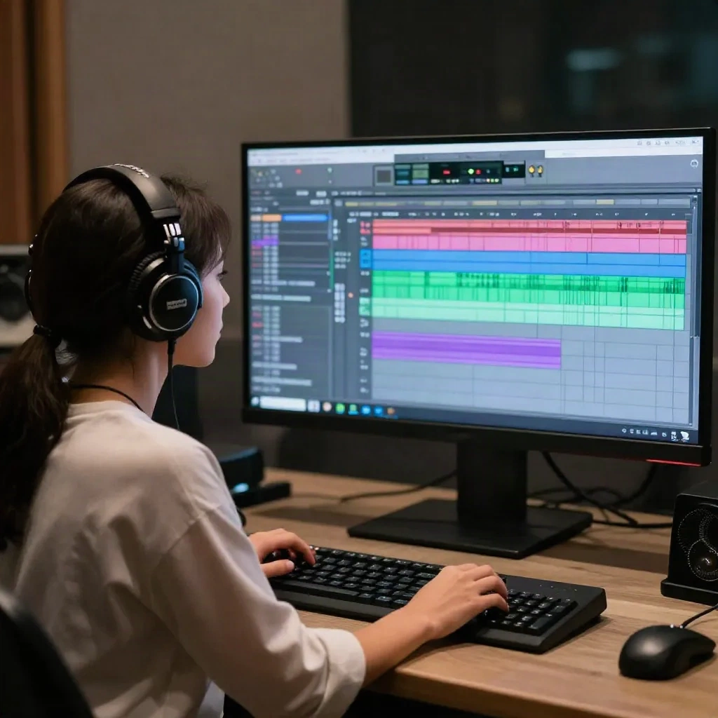 Audio engineer with headphones reviewing multitrack DAW session in professional studio