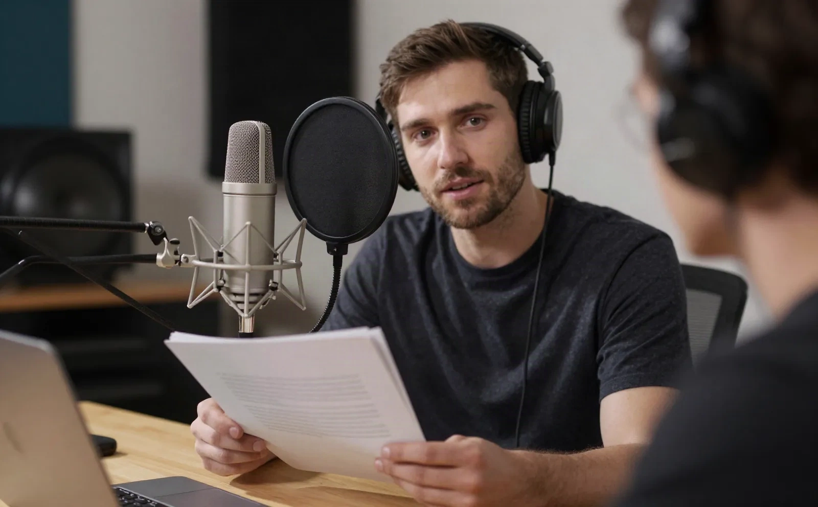 Onafhankelijke audioboekverteller neemt op in een thuisstudio met een manuscript en microfoon
