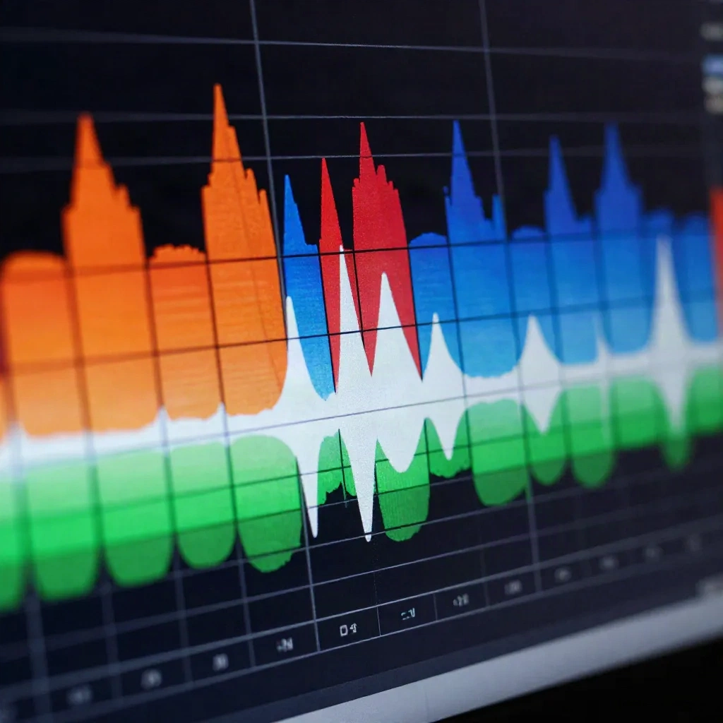 Kleurrijke spectrogram-visualisatie met afzonderlijke frequentiebanden voor individuele audiostems