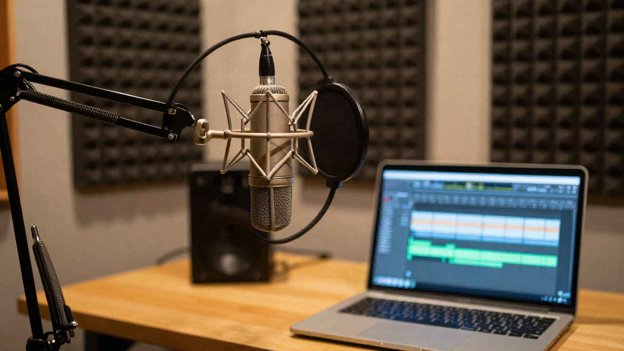 Home recording studio desk with condenser microphone, pop filter, and acoustic foam panels