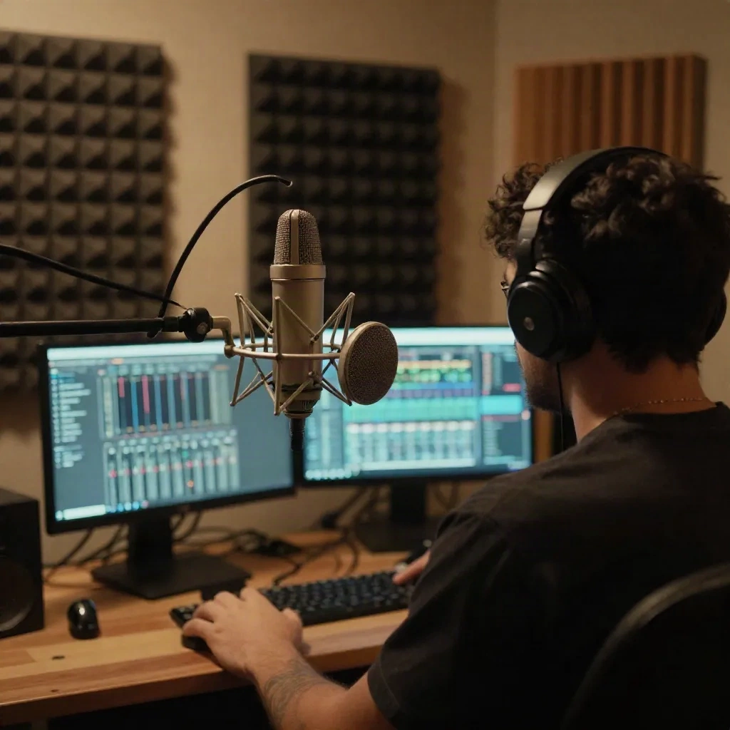 Narrator recording session in an acoustically treated home studio