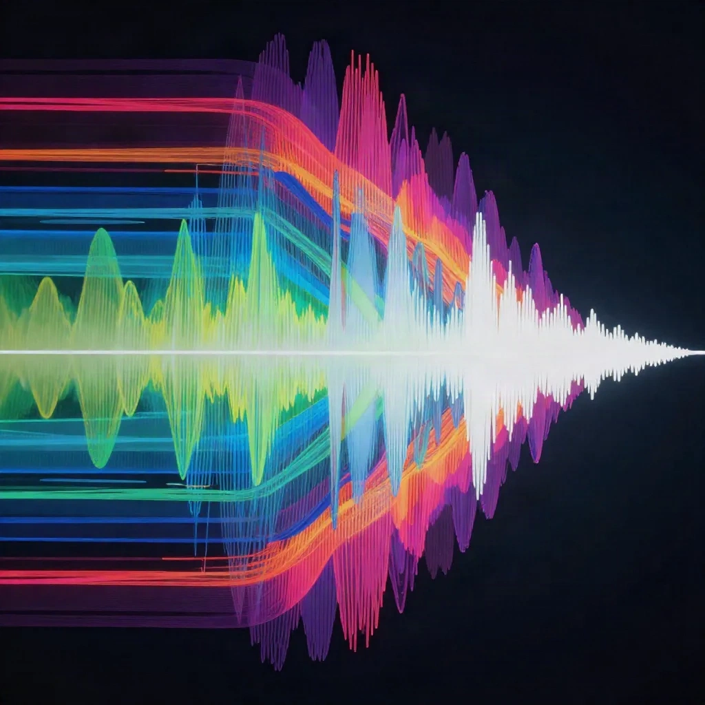 Abstract visualization of multiple colored audio waveforms separating from a single source
