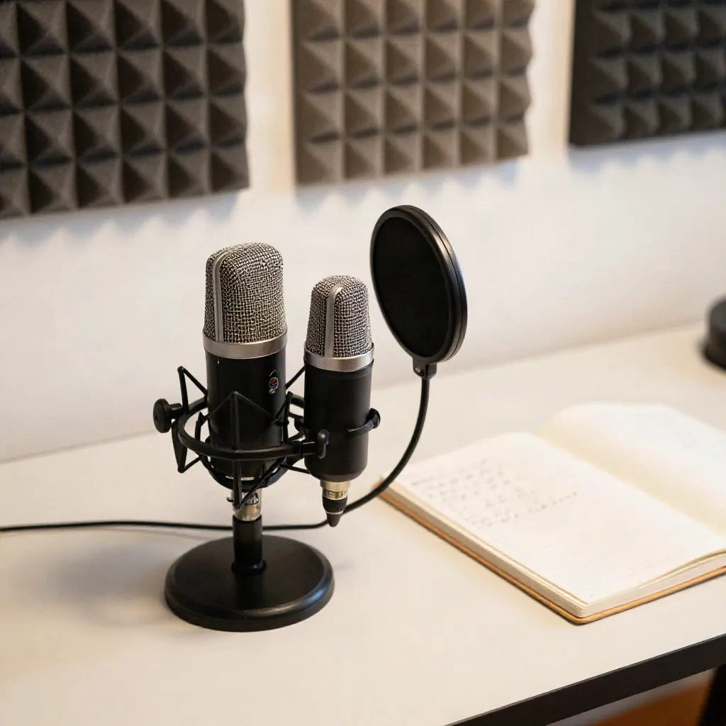 Overhead flat-lay of a minimal audio recording setup with condenser microphone, pop filter, and script notes