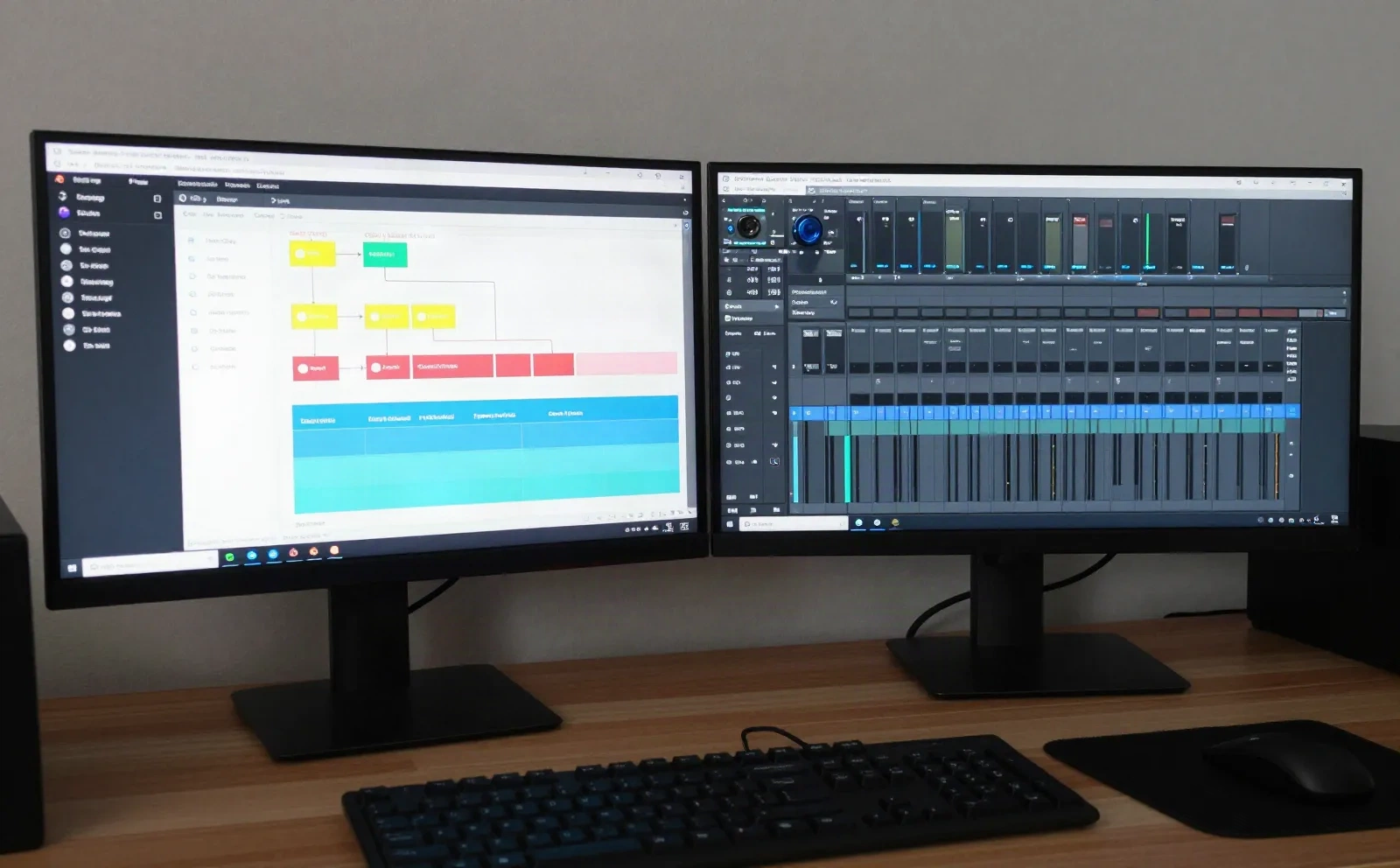 Werkplek van een game-audio-ontwikkelaar met een dialoogboom en mengtijdlijn op twee monitoren