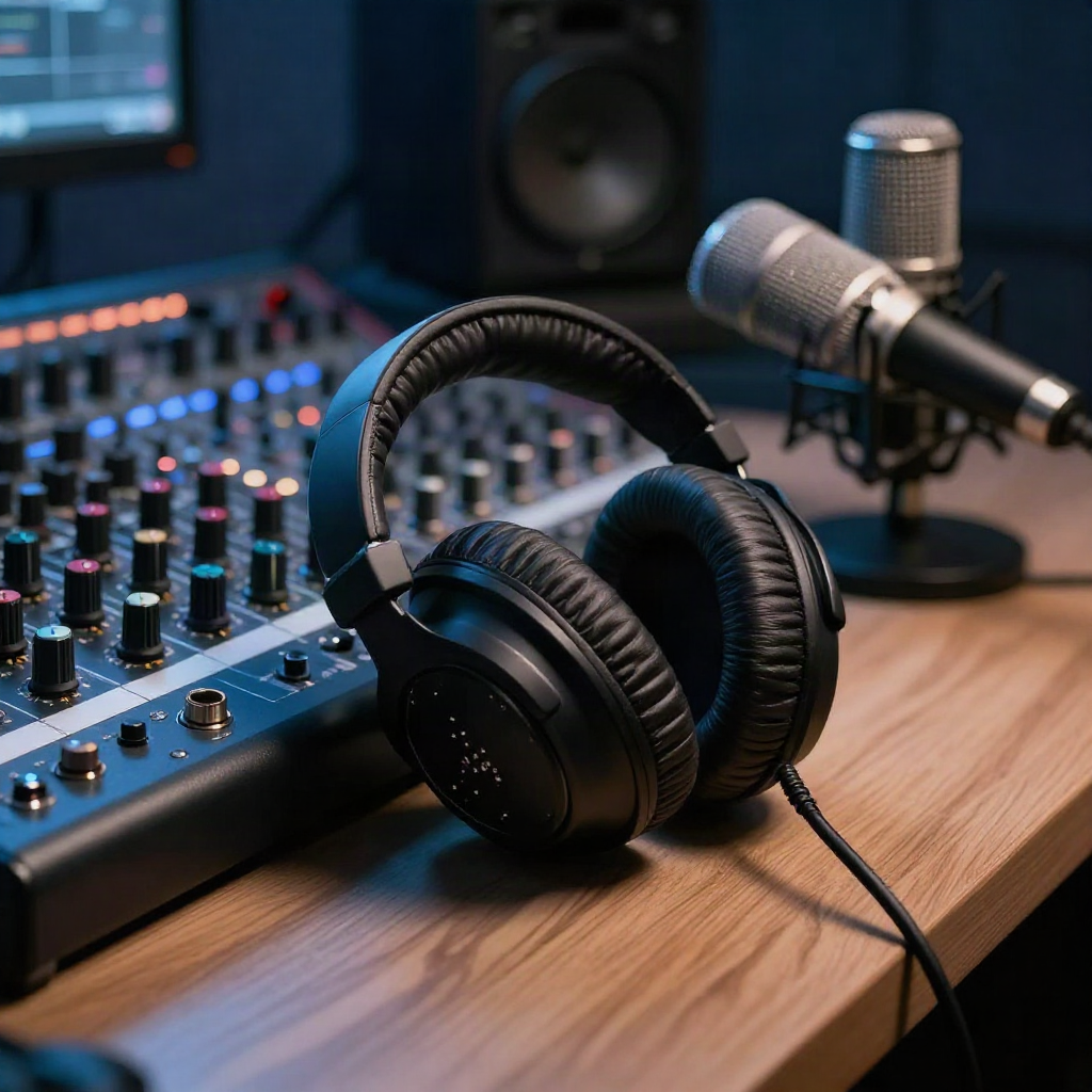 Studio-Kopfhörer auf einem Mixing-Desk neben einem Audio-Interface mit Input-Gain-Reglern
